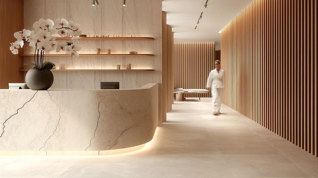 Stone reception desk and slatted timber corridor