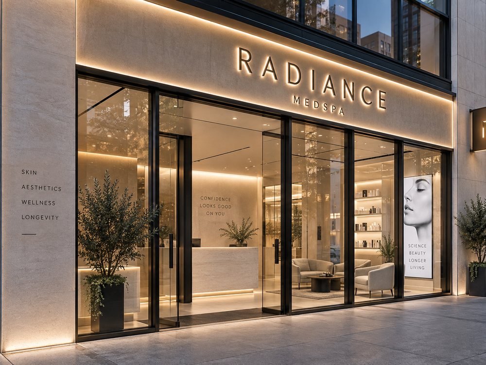 Illuminated stone and glass storefront at dusk