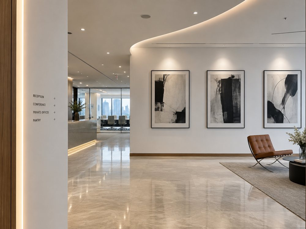 Office reception with marble floor, gallery wall and glass conference room