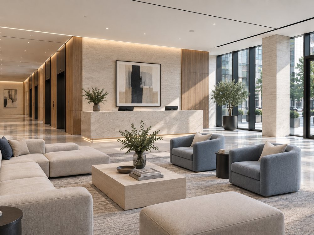 Office lobby with marble reception desk and seating