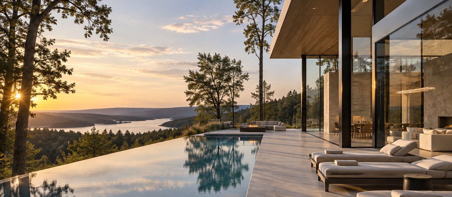 Modern glass residence at dusk